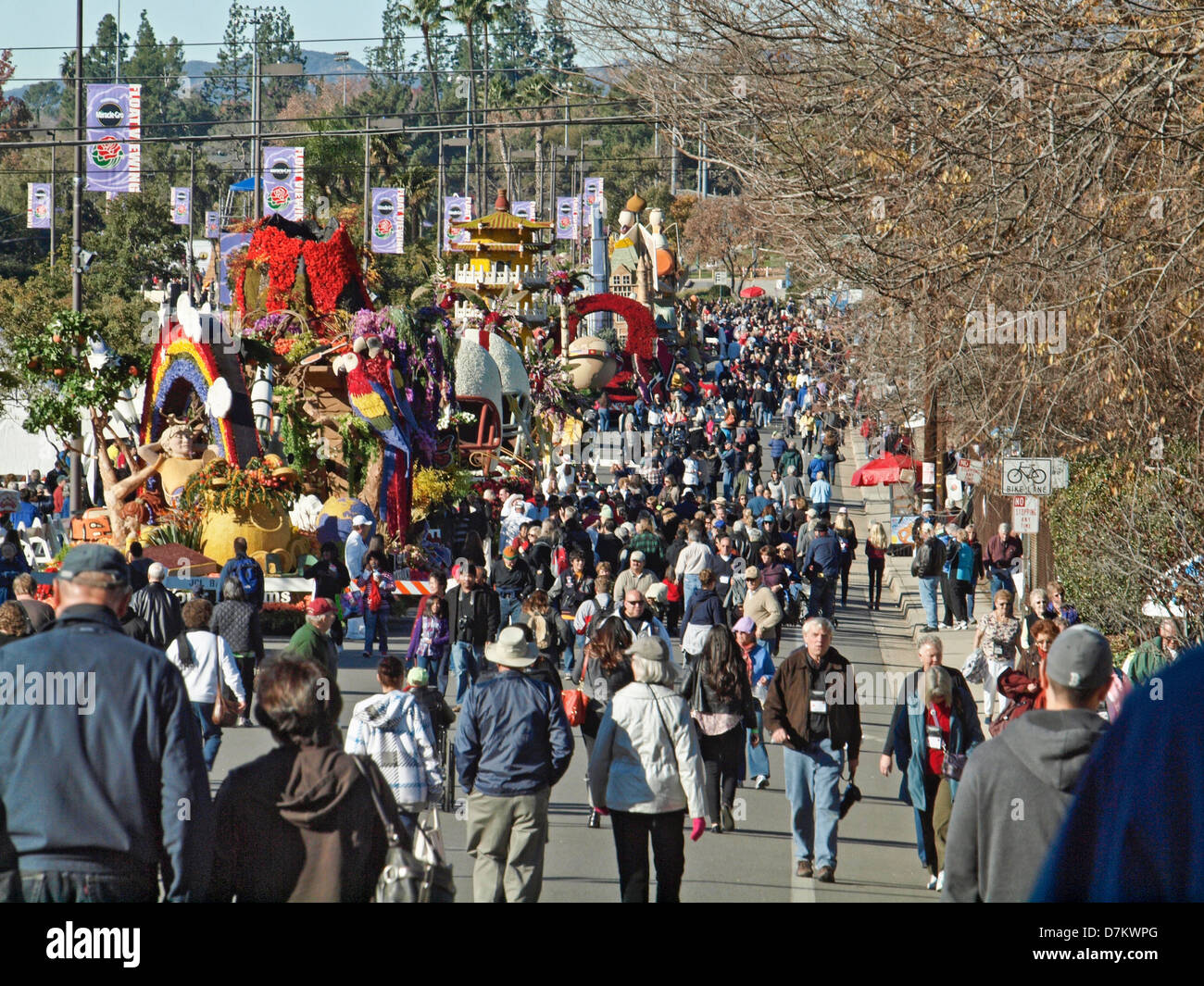 2013 Rose Parade at Pasadena, California. Hundreds of people view the post parade display of floats. Stock Photo