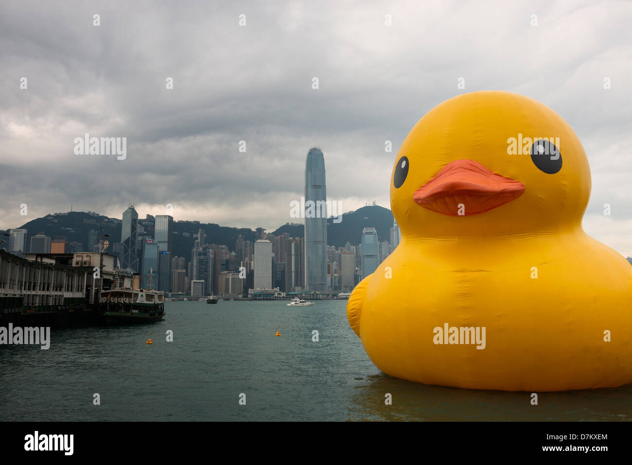Inflatable rubber duck art exhibition in Hong Kong Harbour May 2013 Stock Photo