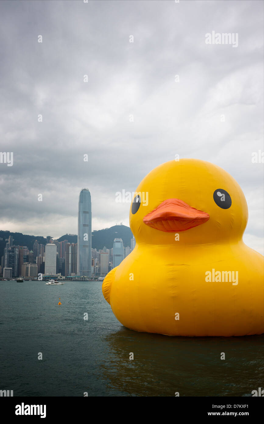 Inflatable rubber duck art exhibition in Hong Kong Harbour May 2013 Stock Photo