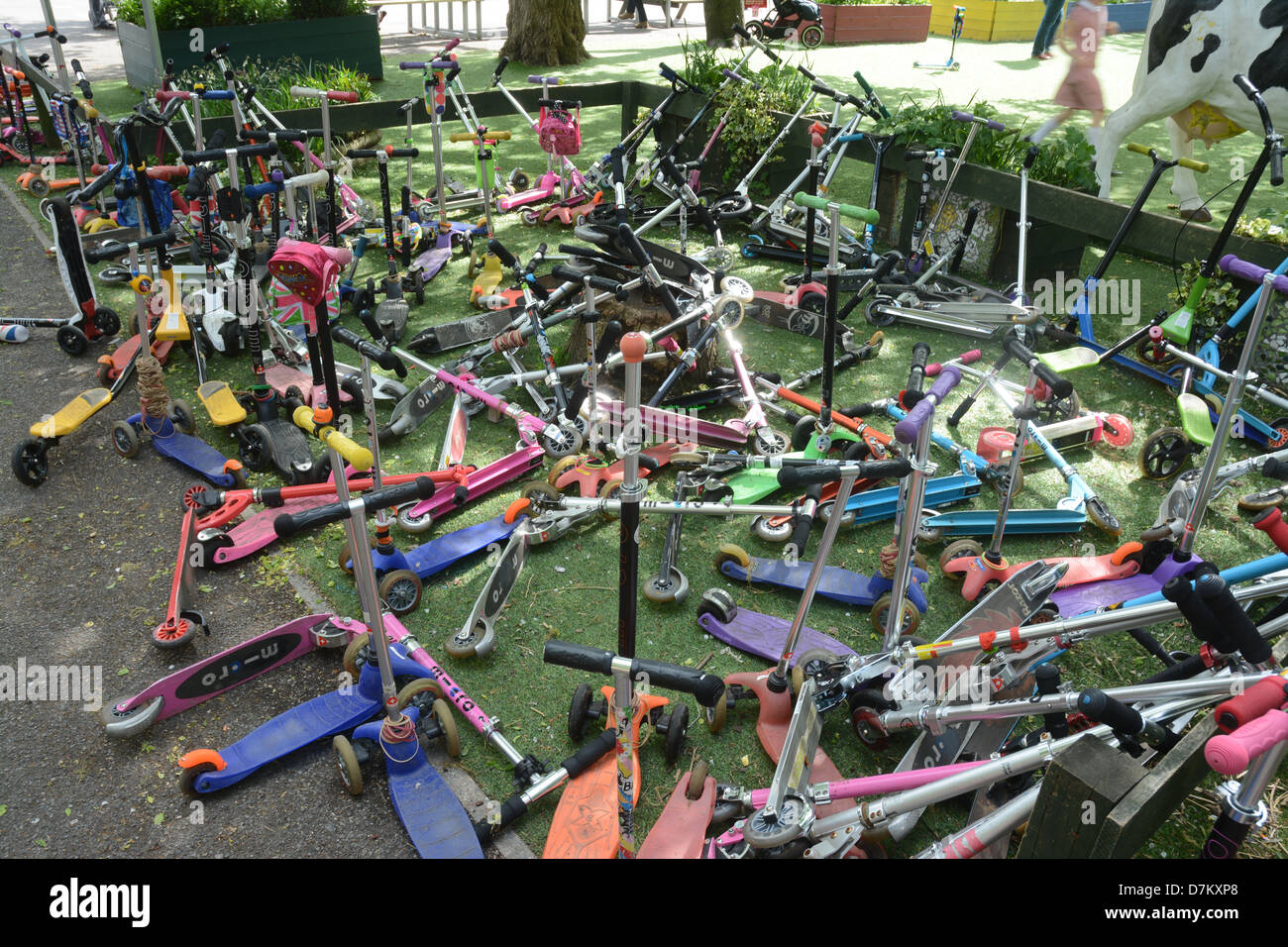 Children's scooters in a scooter park at a primary school in London