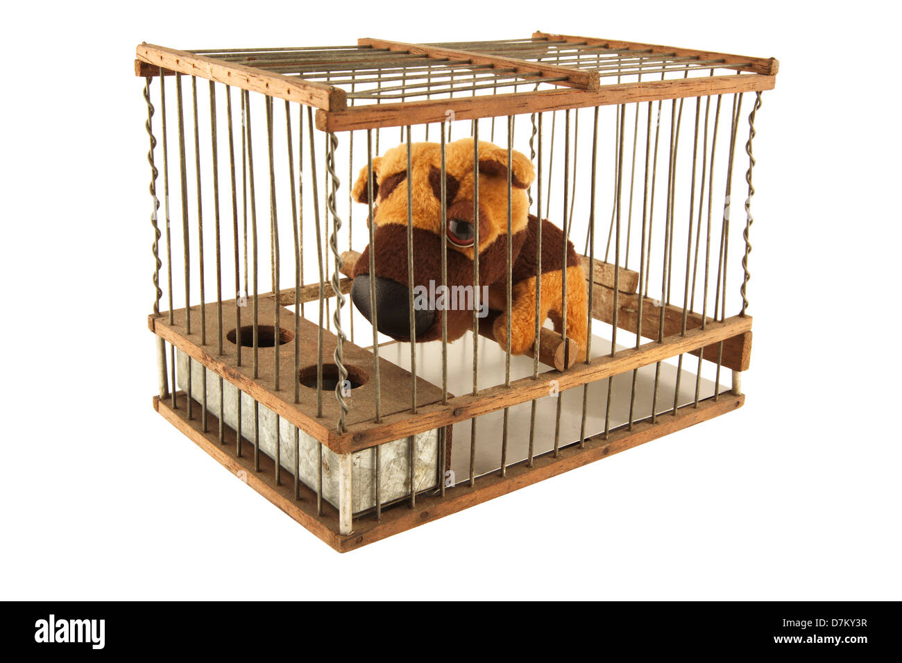 Rag dog with sad eyes, locked in a cage. Stock Photo