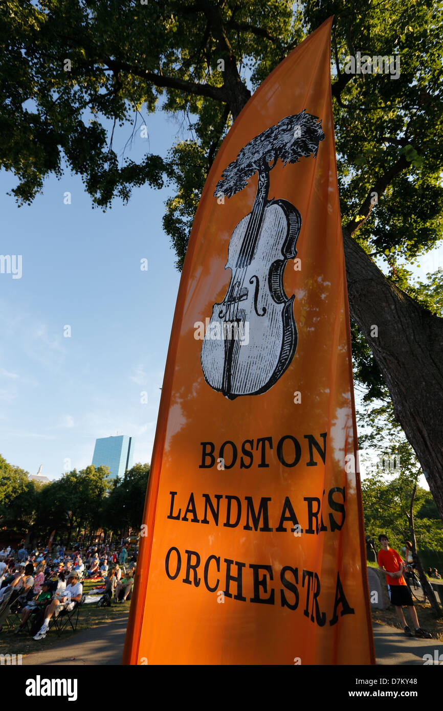 Banner for the Boston Landmarks Orchestra during a free outdoor concert at the Hatch Shell in Boston Massachusetts Stock Photo