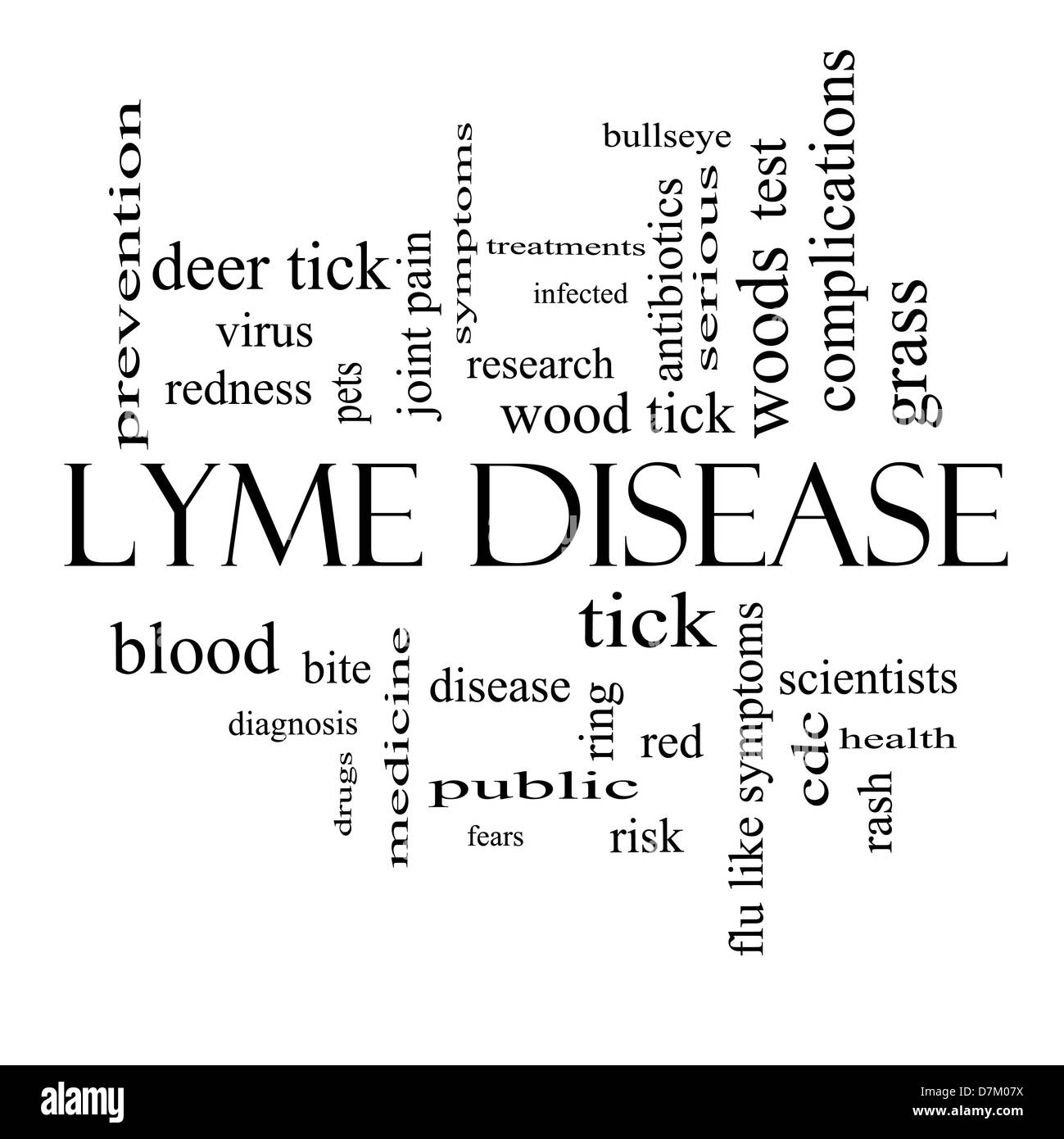 Lyme Disease Word Cloud Concept in black and white with great terms such as deer tick, blood, bullseye, bite and more. Stock Photo