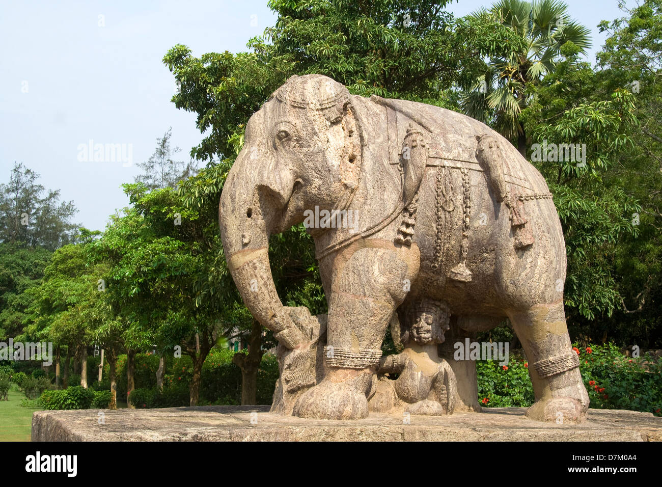 Statue of elephant with soldier underneath his belly at Sun Temple in Konark, Orissa, India, Asia Stock Photo
