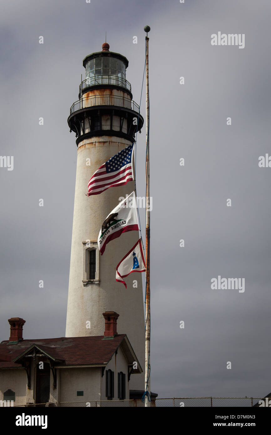 The US, California State and Lighthouse Service flags fly at half mast