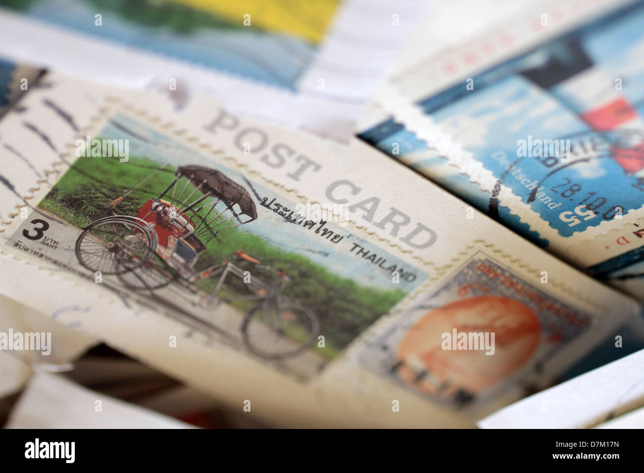 Postage stamps from around the world, varied and colorful Stock Photo
