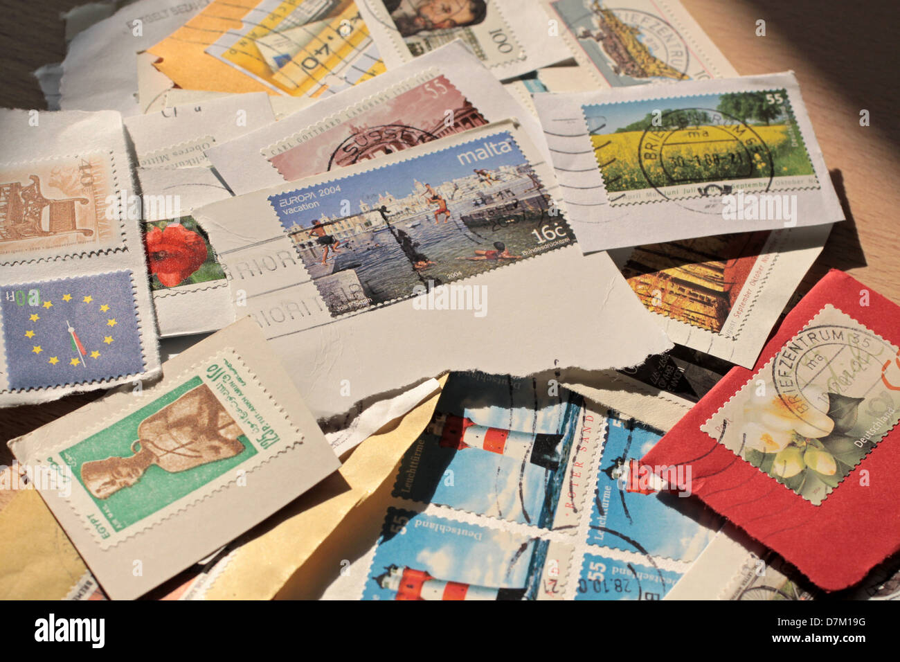 Postage stamps from around the world, varied and colorful Stock Photo