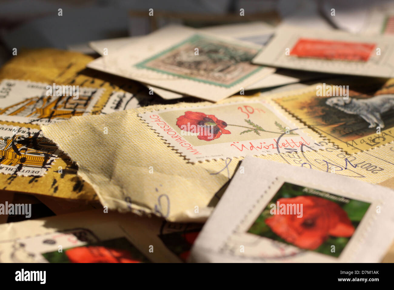 Postage stamps from around the world, varied and colorful Stock Photo