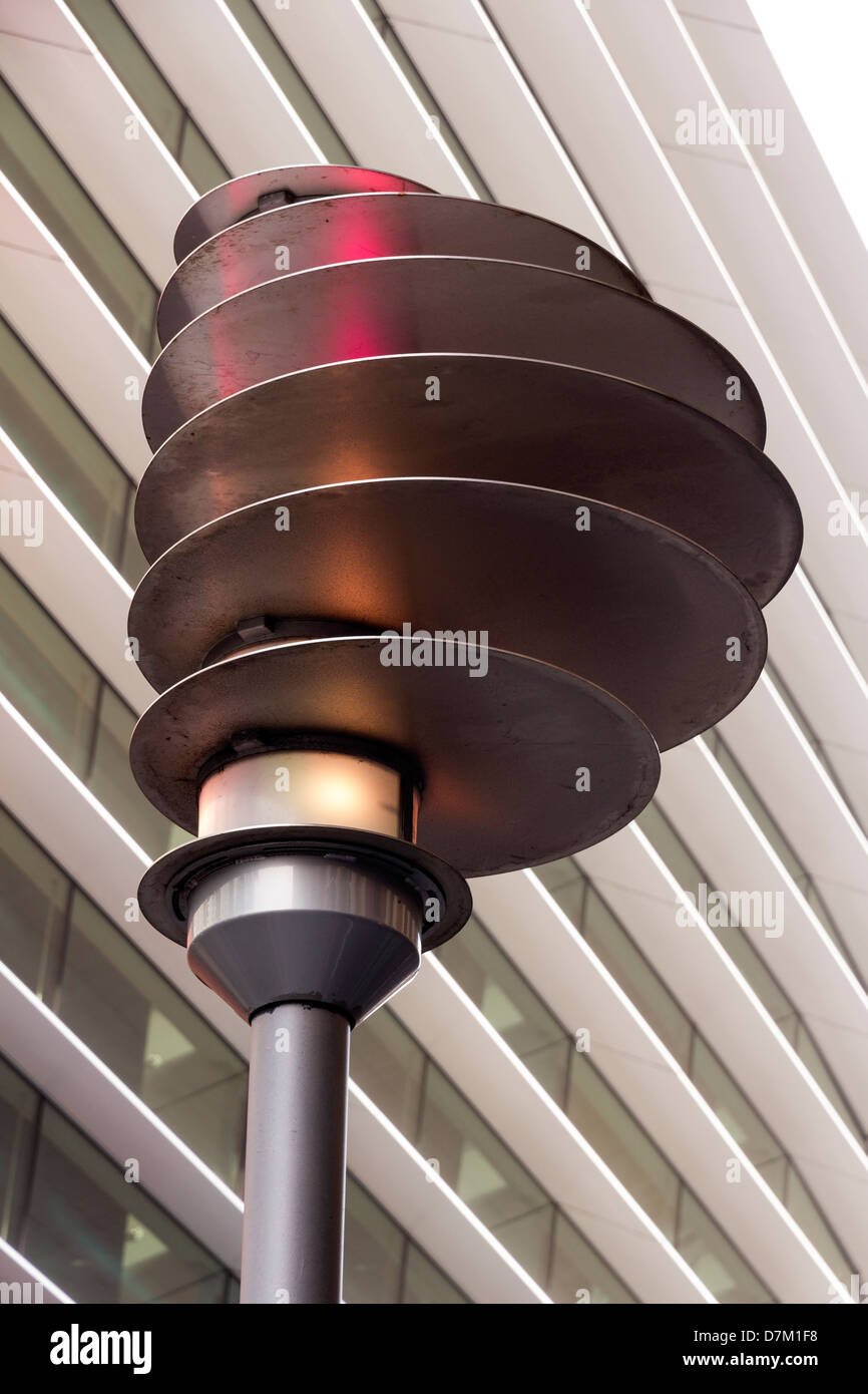 Modern streetlight with front facade of the Curve Theatre behind, Cultural Quarter, Leicester, England, UK Stock Photo