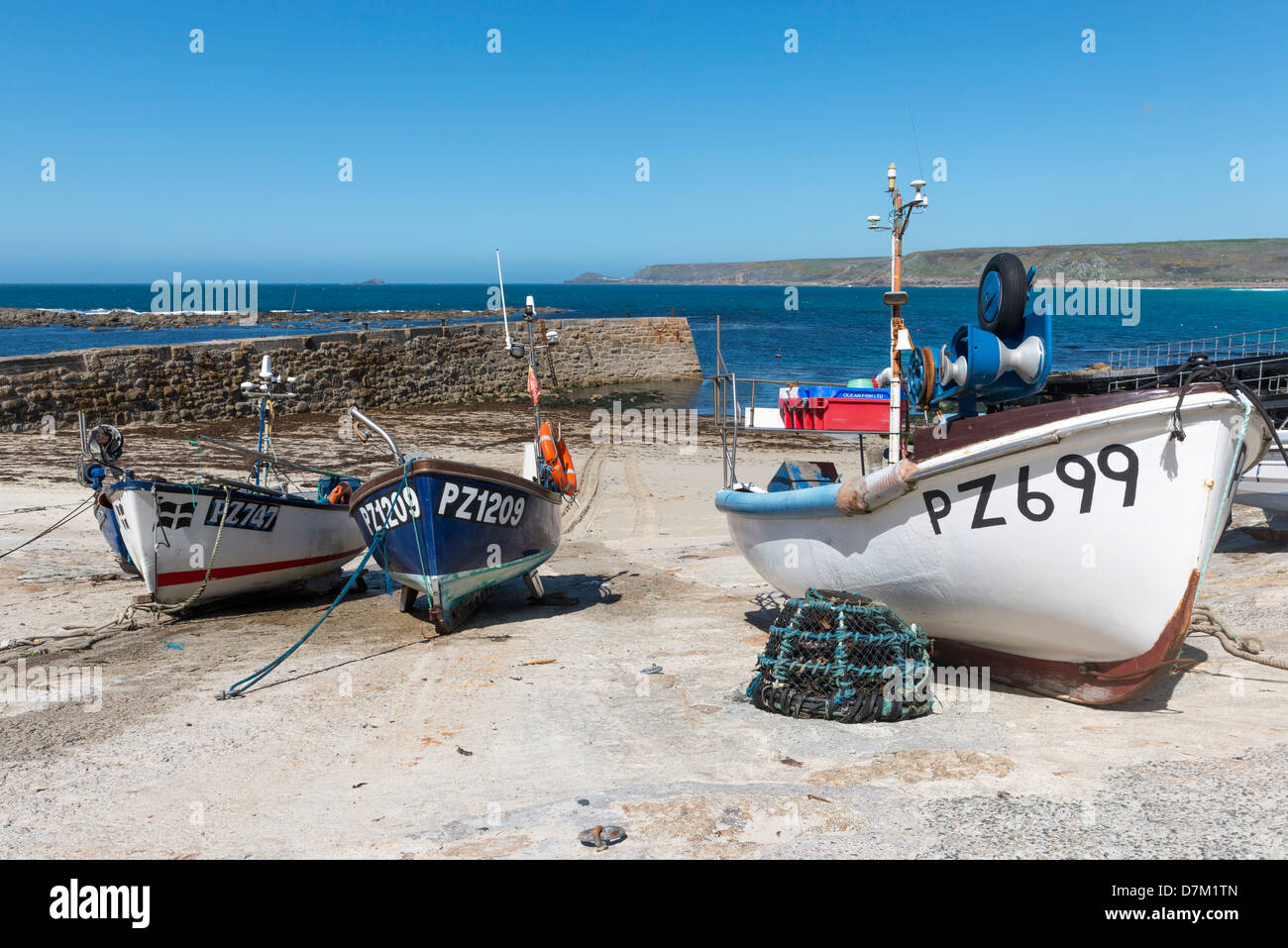 Fishing boats on the slipway at Sennen Cove, near lands End, Cornwall ...