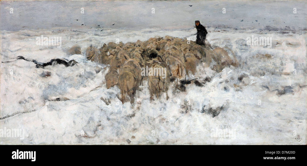 Anton Mauve, Flock of sheep with shepherd in the snow 1887 – 1888 Oil on canvas. Gemeentemuseum Den Haag, The Hague Stock Photo
