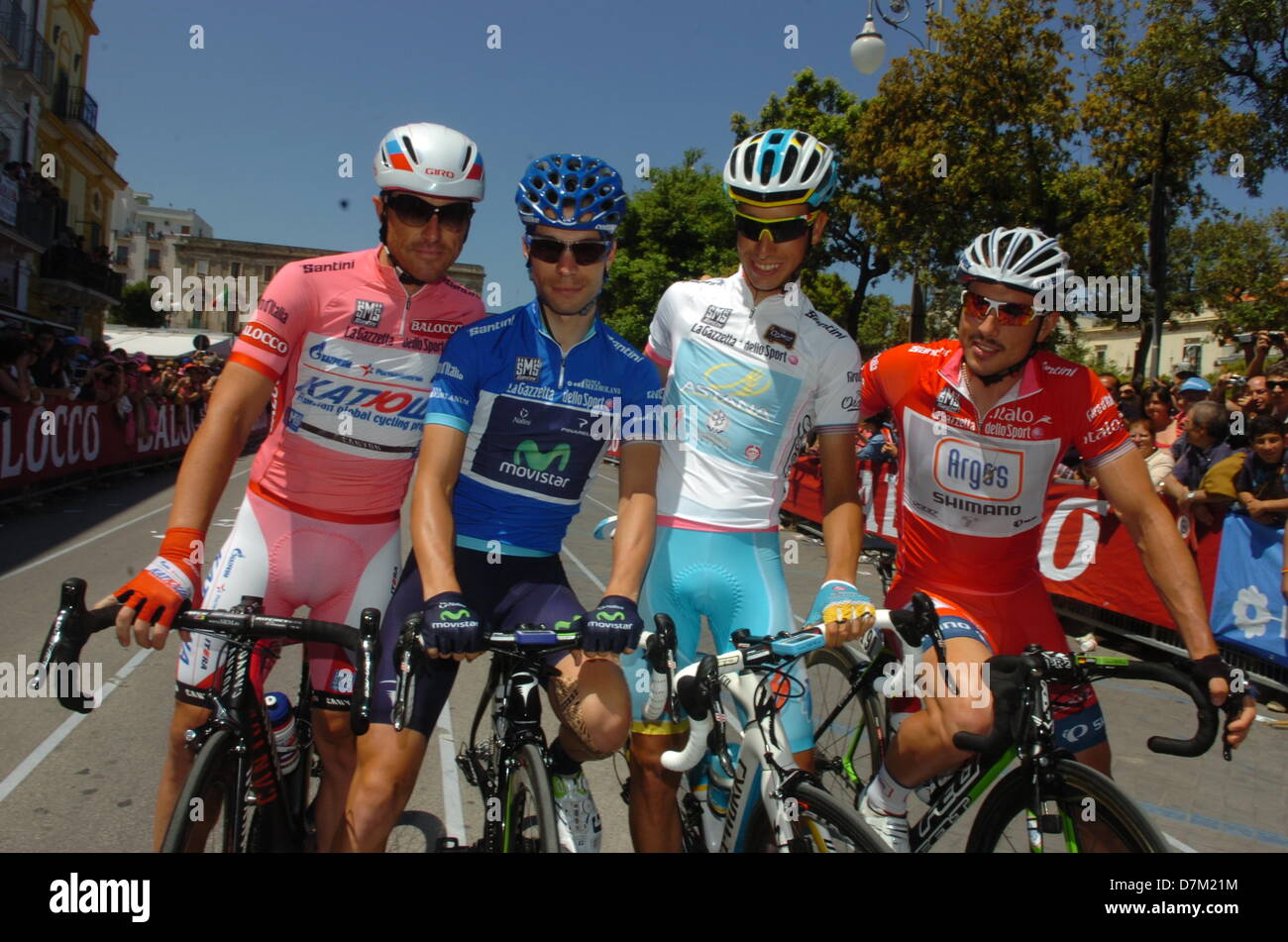 Margherita di Savoia, Italy. 9th May 2013.  Luca Paolini, Giovanni Visconti, Fabio Aru and John Degenkolb before the stage start. Credit: Action Plus Sports Images/Alamy Live News Stock Photo
