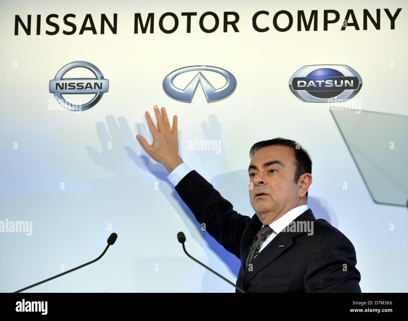 May 10, 2013, Yokohama, Japan - President Carlos Ghosn of Nissan Motor Co. gestures as he presents its annual net profit during a news conference at the head office in Yokohama, south of Tokyo, on Friday, May 10, 2013. Nissan reported the slowest annual profit growth among Japanese automakers as a Sino-Japanese political dispute backfired, hitting Japan's No. 2 automaker hard when Chinese consumer began to boycott Japanese products in September last year.  (Photo by Natsuki Sakai/AFLO) Stock Photo