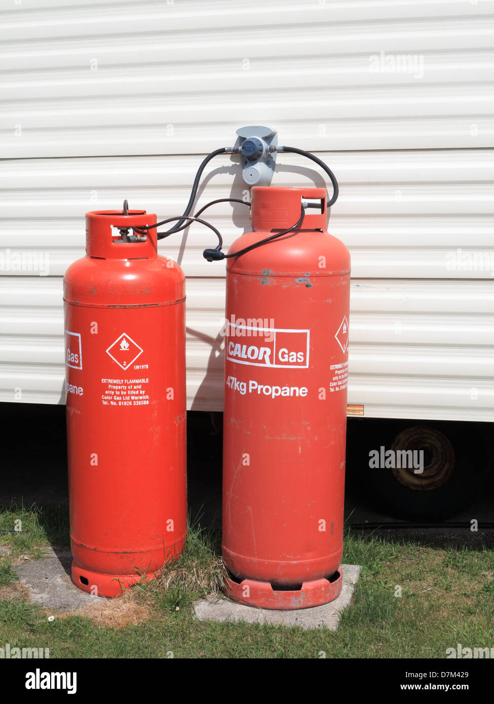 Propane gas cylinders on a caravan site Stock Photo
