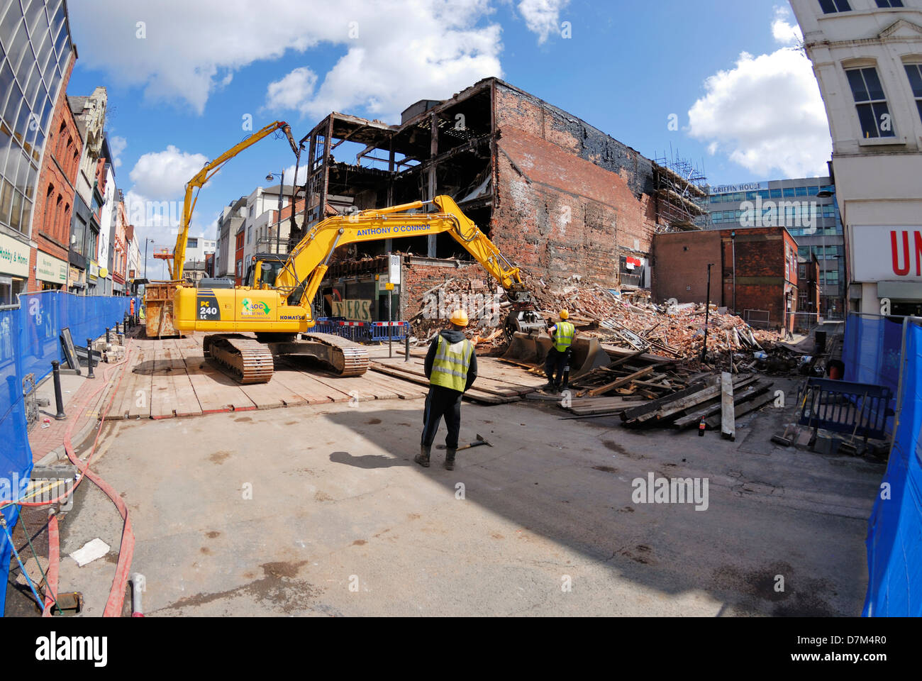 Demolition of a building damaged by fire in Oldham Street, Manchester