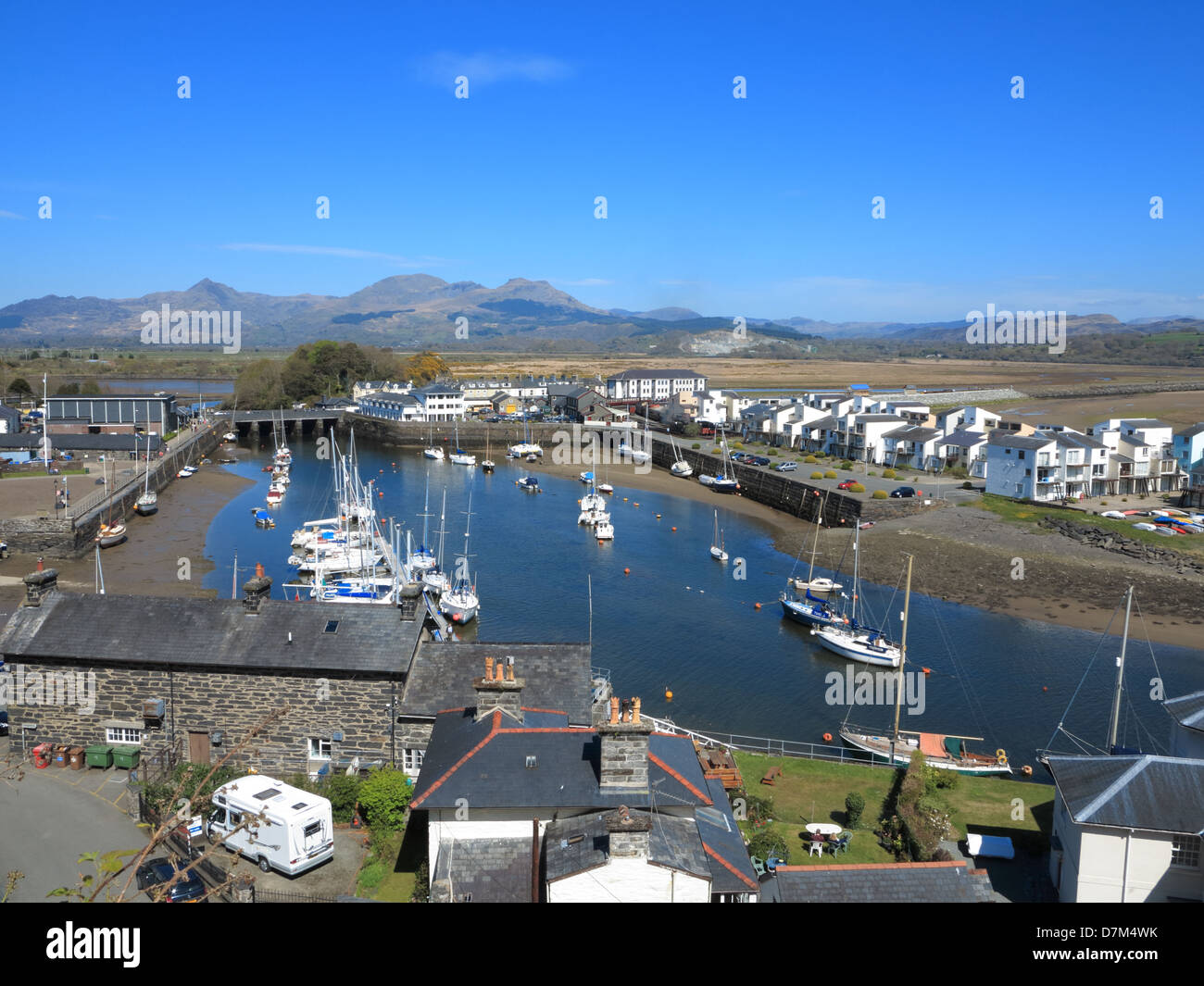 The harbour at Porthmadog, Gwynedd looking towards Snowdonia Stock