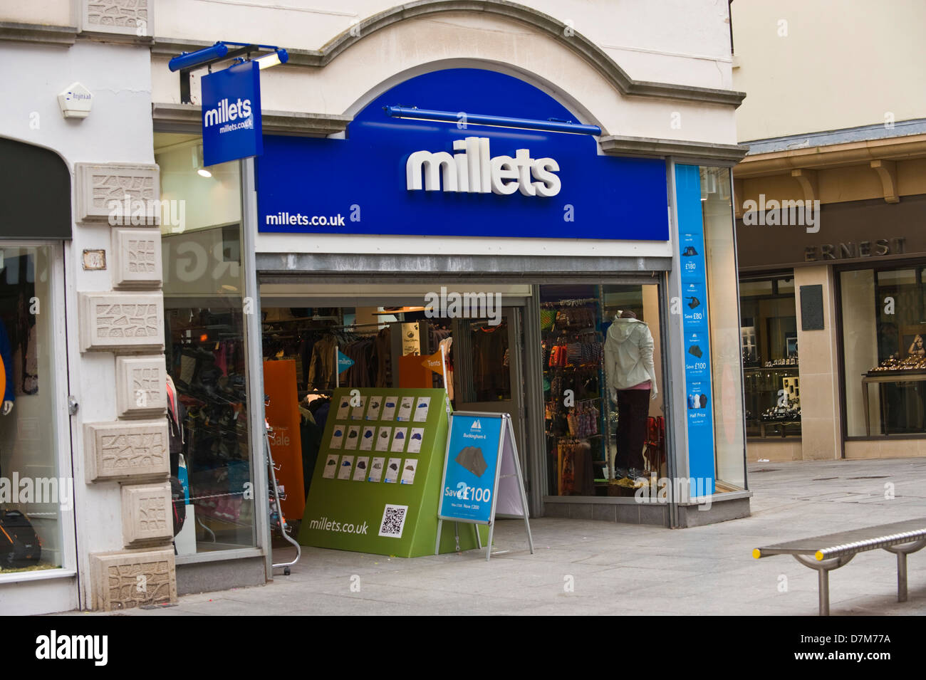 MILLETS outdoor clothing and camping store on high street in city