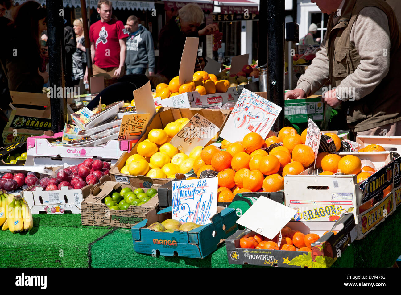 Fresh fruit for sale on outdoor market stall in the town city centre York North Yorkshire England UK United Kingdom GB Great Britain Stock Photo