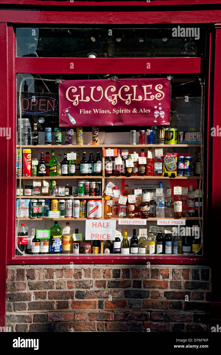 Close up of off licence offlicence shop store window York North