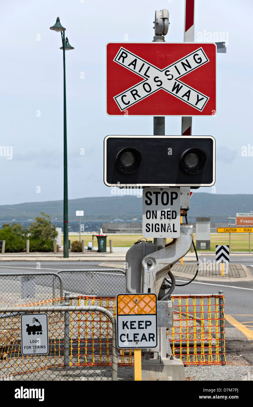 Train level crossing warning signs, Albany Western Australia Stock Photo
