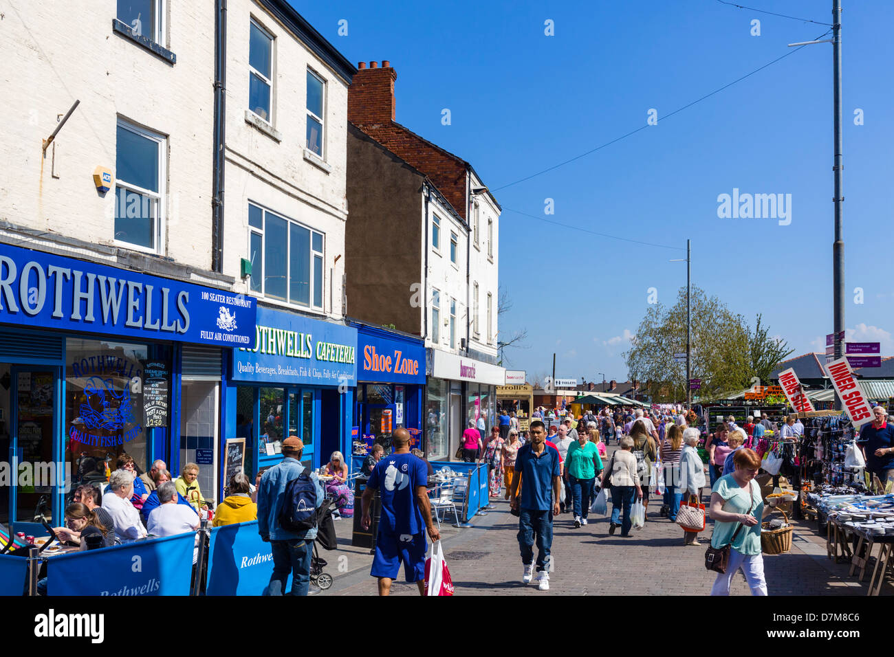 Cafe, shops and market stalls on the Market Place, Doncaster, South Yorkshire, England, UK Stock Photo