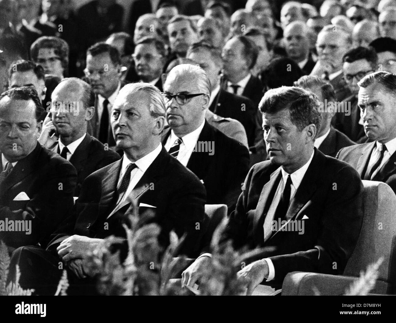 John F. Kennedy in the historic Paulskirche in Frankfurt. Next do the president Kurt Georg Kiesinger. Stock Photo