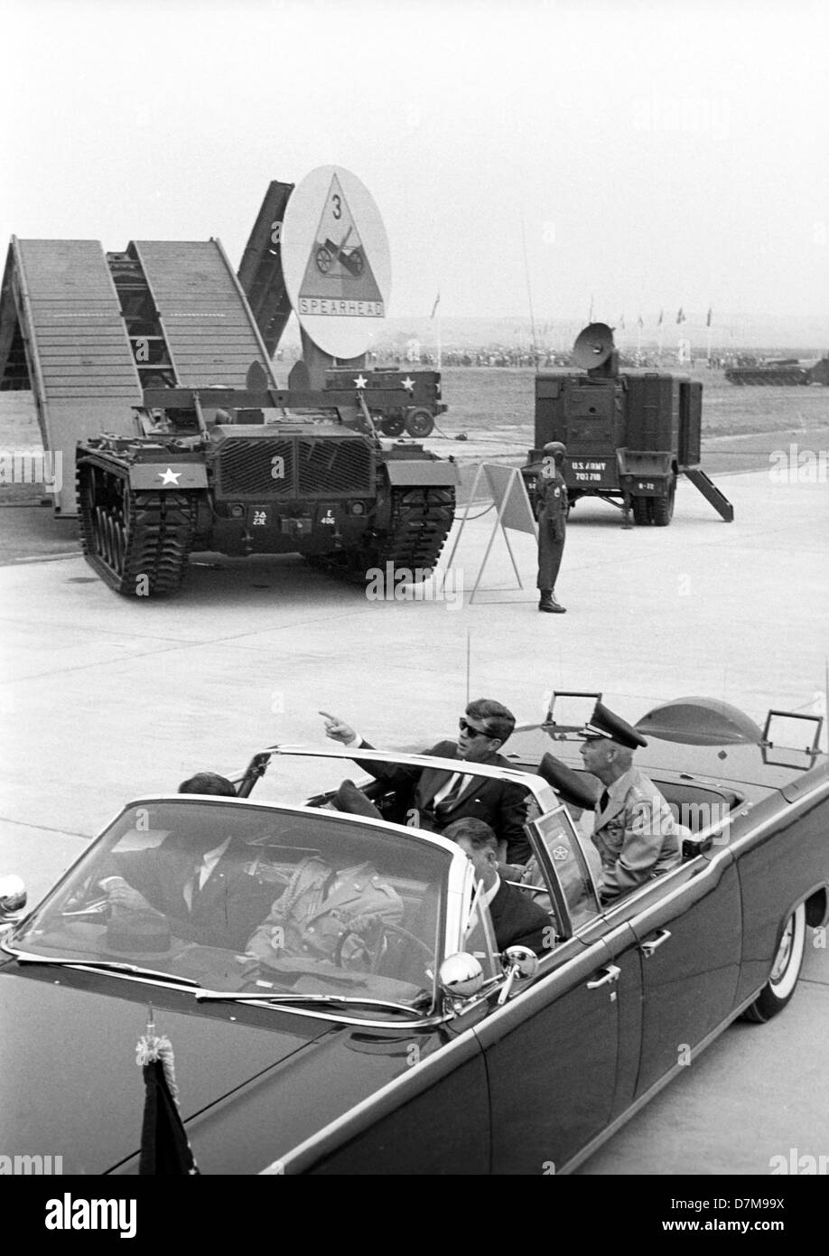 US president John F. Kennedy at military air base Langendiebach near Hanau on 25 June 1963. JFK got killed in this Lincoln limousine in Dallas. Stock Photo