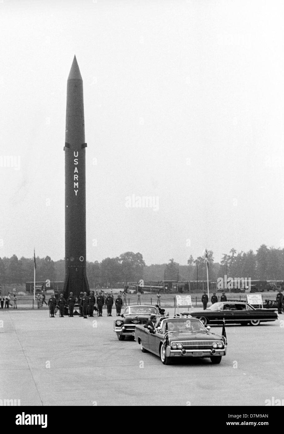 US president John F. Kennedy at military air base Langendiebach near Hanau on 25 June 1963. JFK got killed in this Lincoln limousine in Dallas. Stock Photo