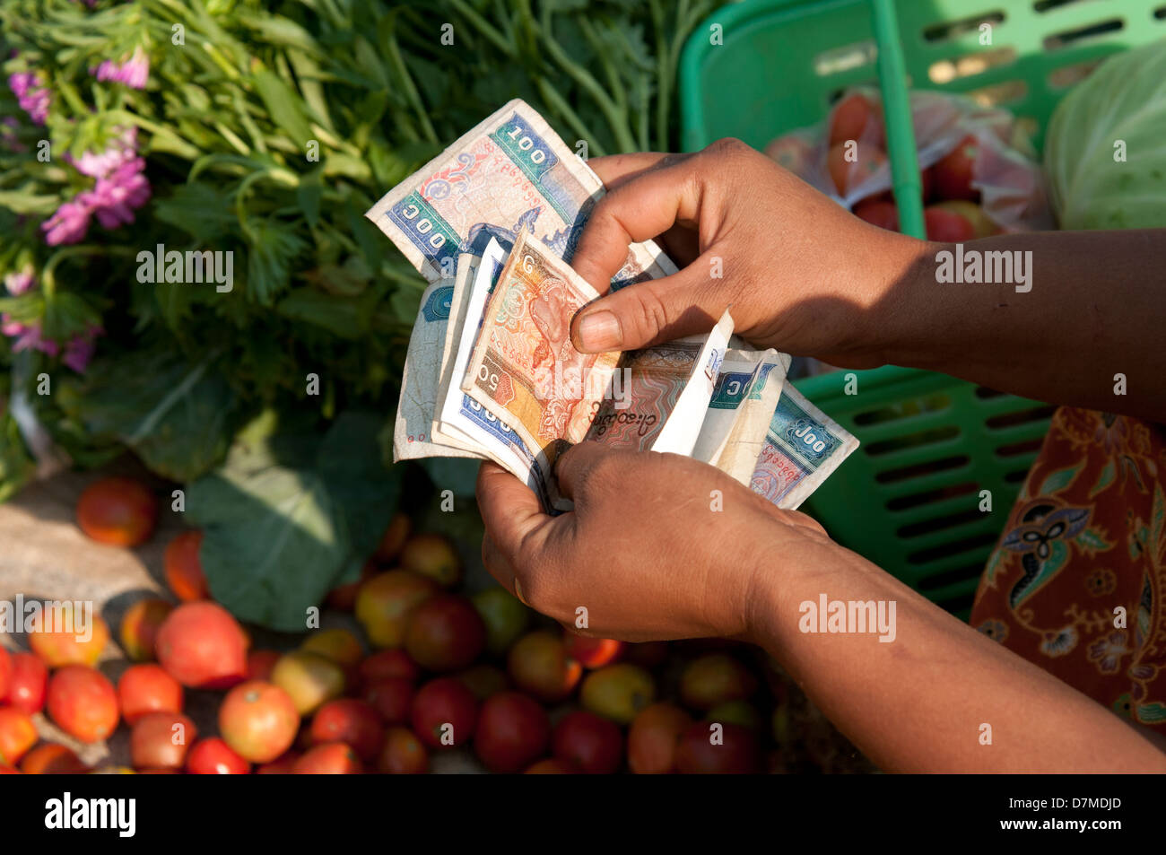 Two female hands holding Burmese kyats paper money above fresh fruit and vegetables at a market Myanmar Stock Photo