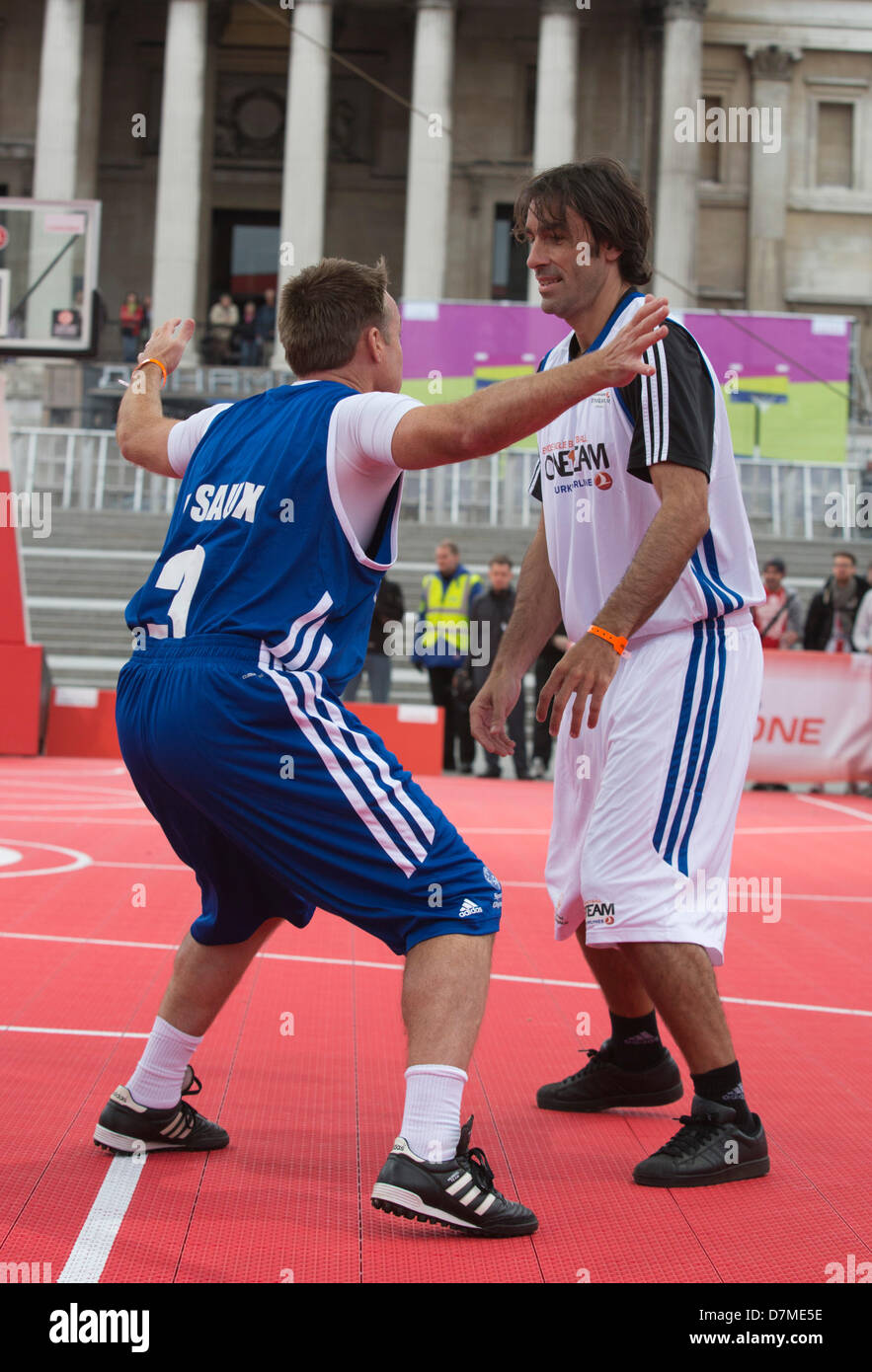 London, UK. 10th May 2013. Pictured: Graeme Le Saux and Robert Pires. UEFA and Euroleague Basketball greats joined athletes from the Special Olympics and the Tottenham Hotspur Foundation at the Turkish Airlines Euroleague Fan Zone in Trafalgar Square for a celebratory unified basketball game as part of the 2013 Final Four weekend festivities. The first-of-its-kind goodwill game was organized by One Team, the Euroleague’s social responsibility programme. It included football players Graeme Le Saux, Robert Pires & Christian Karembeu and Euroleague Basketball Legends Ramun © Nick Savage / Alamy Stock Photo
