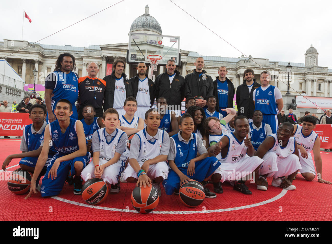 London, UK. 10th May 2013. UEFA and Euroleague Basketball greats joined athletes from the Special Olympics and the Tottenham Hotspur Foundation at the Turkish Airlines Euroleague Fan Zone in Trafalgar Square for a celebratory unified basketball game as part of the 2013 Final Four weekend festivities. The first-of-its-kind goodwill game was organized by One Team, the Euroleague’s social responsibility programme. It included football players Graeme Le Saux, Robert Pires & Christian Karembeu and Euroleague Basketball Legends Ramunas Siskauskas, Nikola Vujcic, Trajan Langdo © Nick Savage / Alamy Stock Photo