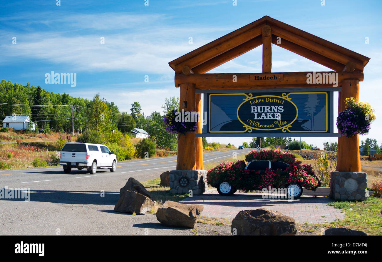 Welcome town sign 'Burns Lake'  Trans-Canada Highway # 16 Yellowhead Highway  northern British Columbia Canada Stock Photo