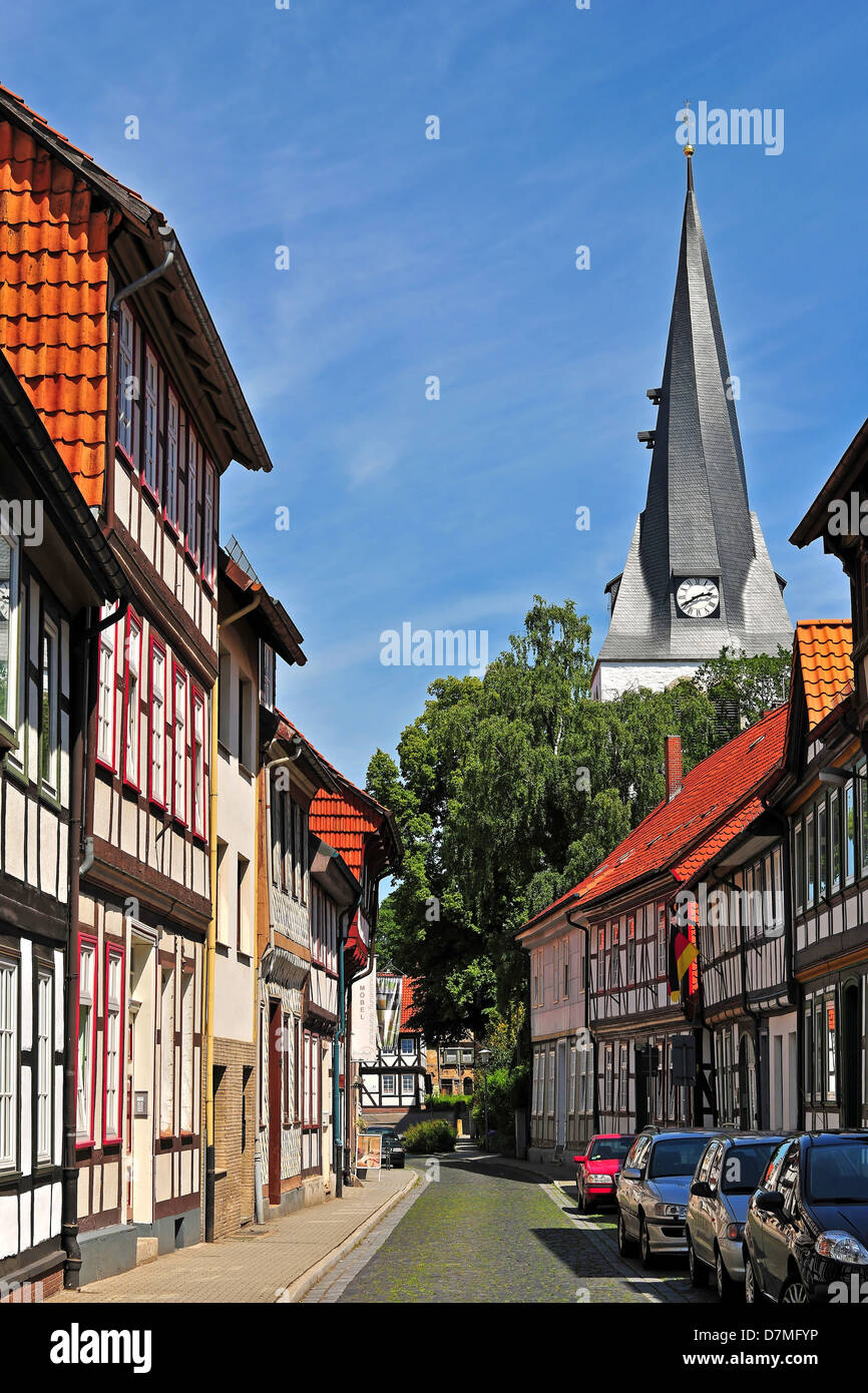 Half-timbered houses and St. Sixti-church in Northeim, Lower Saxony, Germany Stock Photo