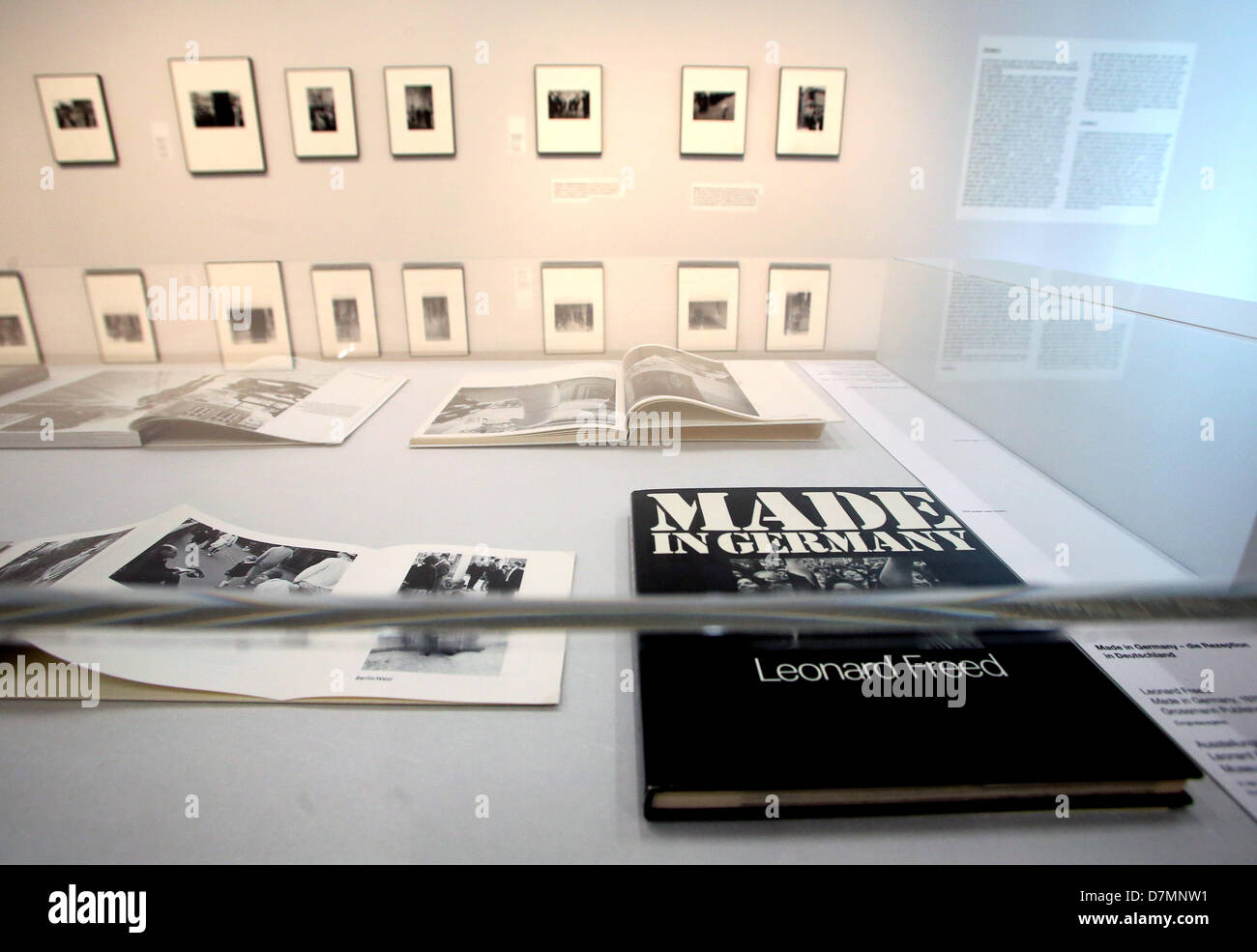 The photo book 'Made in German' by photographer Leonard Freed sits in a glass case in the Folkwang Museum in Essen, Germany, 10 May 2013. The exhibition entitled 'Made in Germany' includes 111 original prints and selected texts by the photographer and is open from 11 May until 01 September 2013. Photo: ROLAND WEIHRAUCH ATTENTION: For editorial use only is connection with the current report about the exhibition. Stock Photo