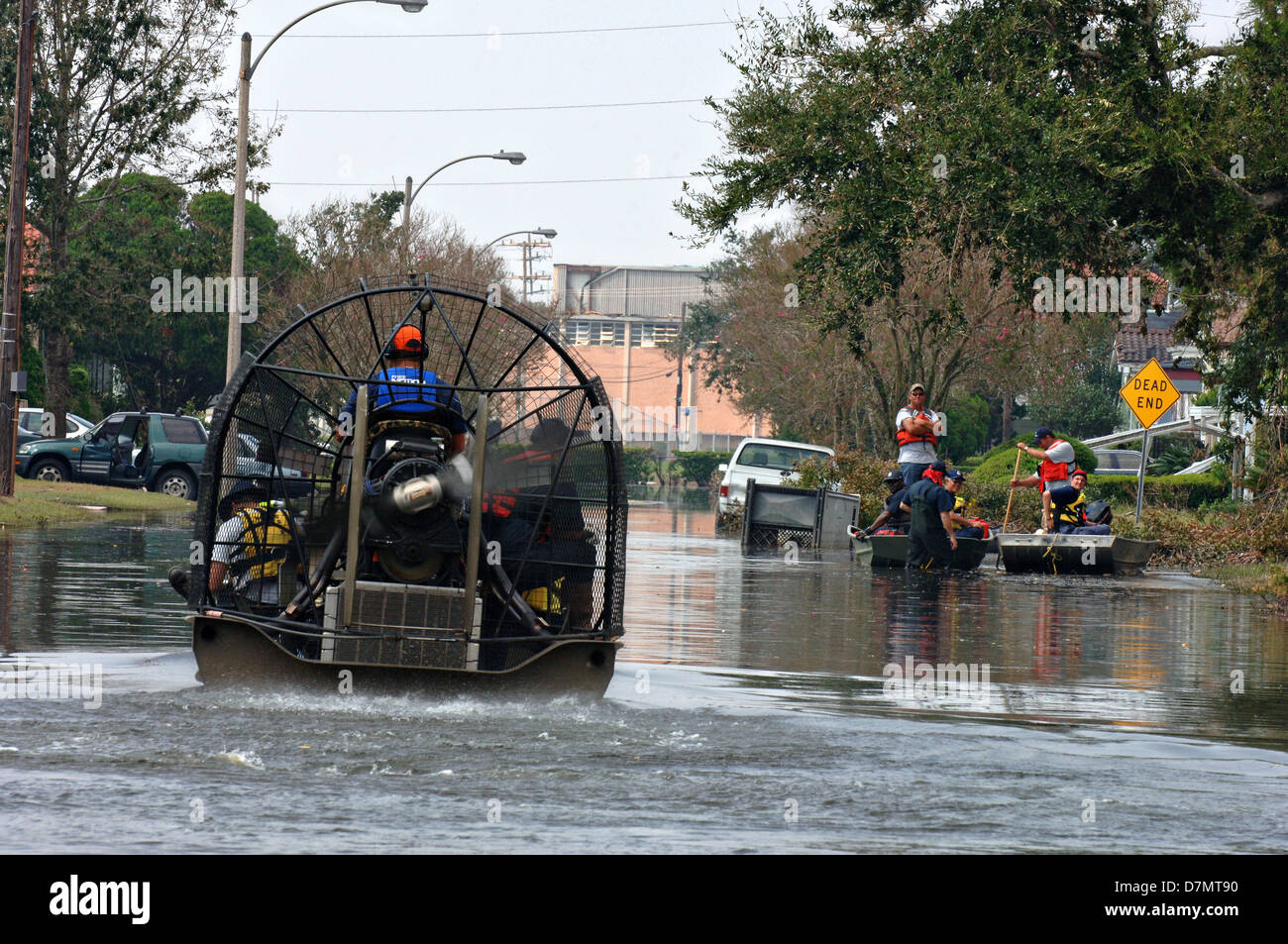 FEMA urban search and rescue teams search for survivors by air boat in the aftermath of Hurricane Katrina September 3, 2005 in New Orleans, LA. Stock Photo
