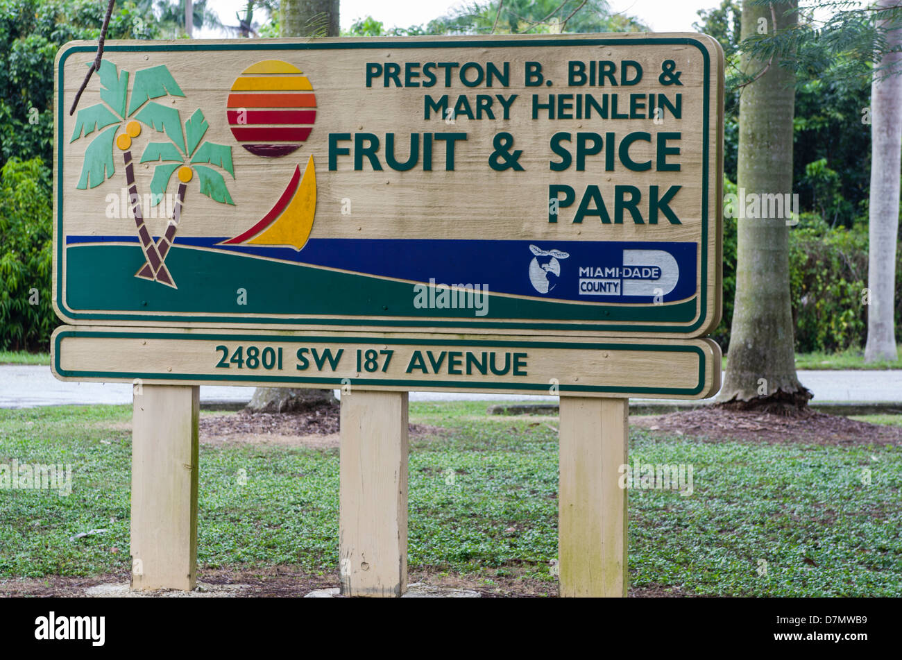 USA, Florida, Homestead. Signboard for Fruit and Spice Park Stock Photo
