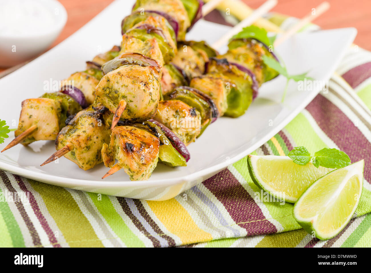 Lime, Mint & Coriander Chicken Kebabs Marinated chicken with red