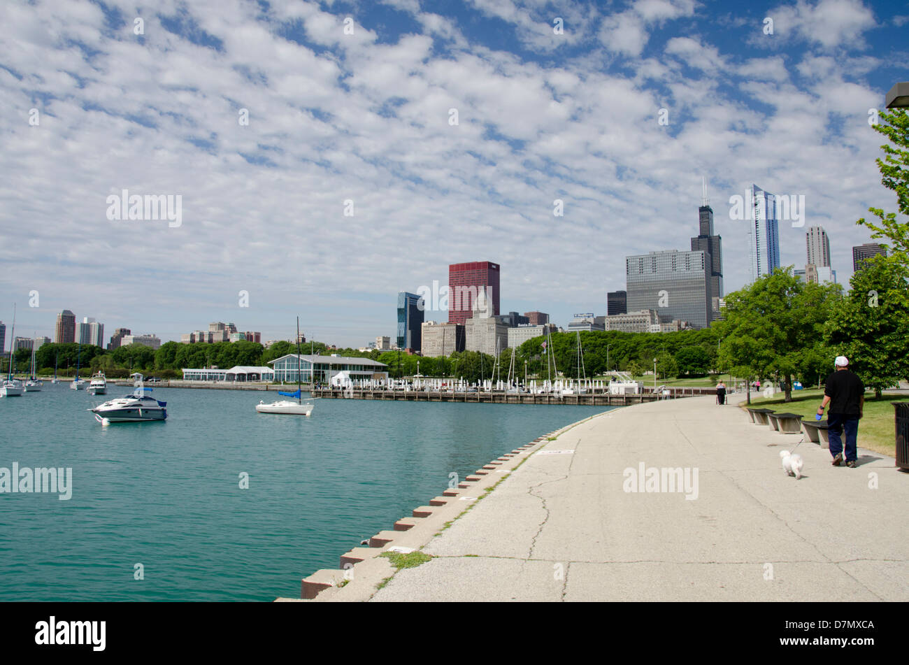 Illinois, Chicago. Downtown city skyline view from Lake Michigan waterfront. Stock Photo