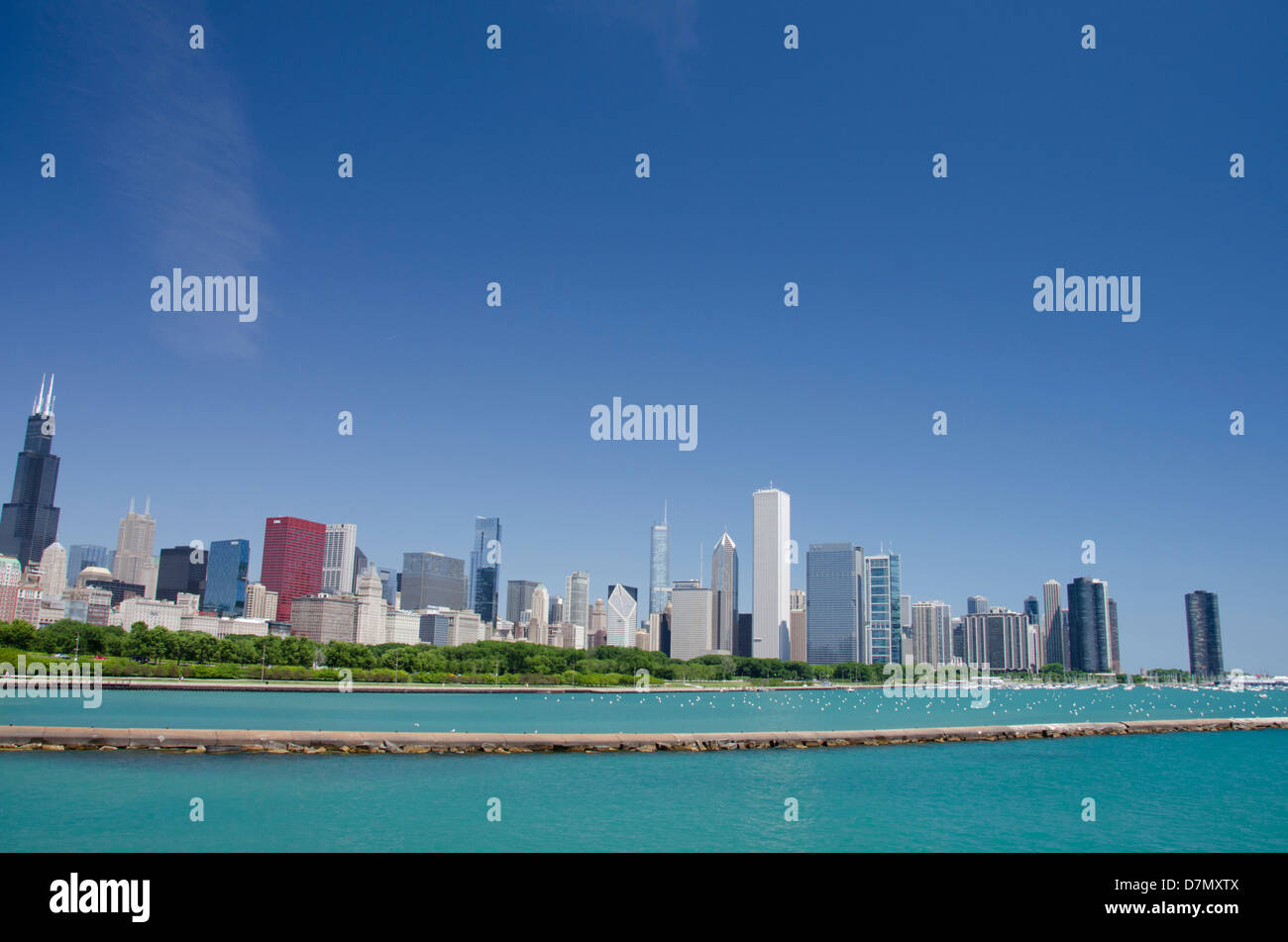 Illinois, Chicago. Downtown city skyline view of Chicago from Lake Michigan. Stock Photo
