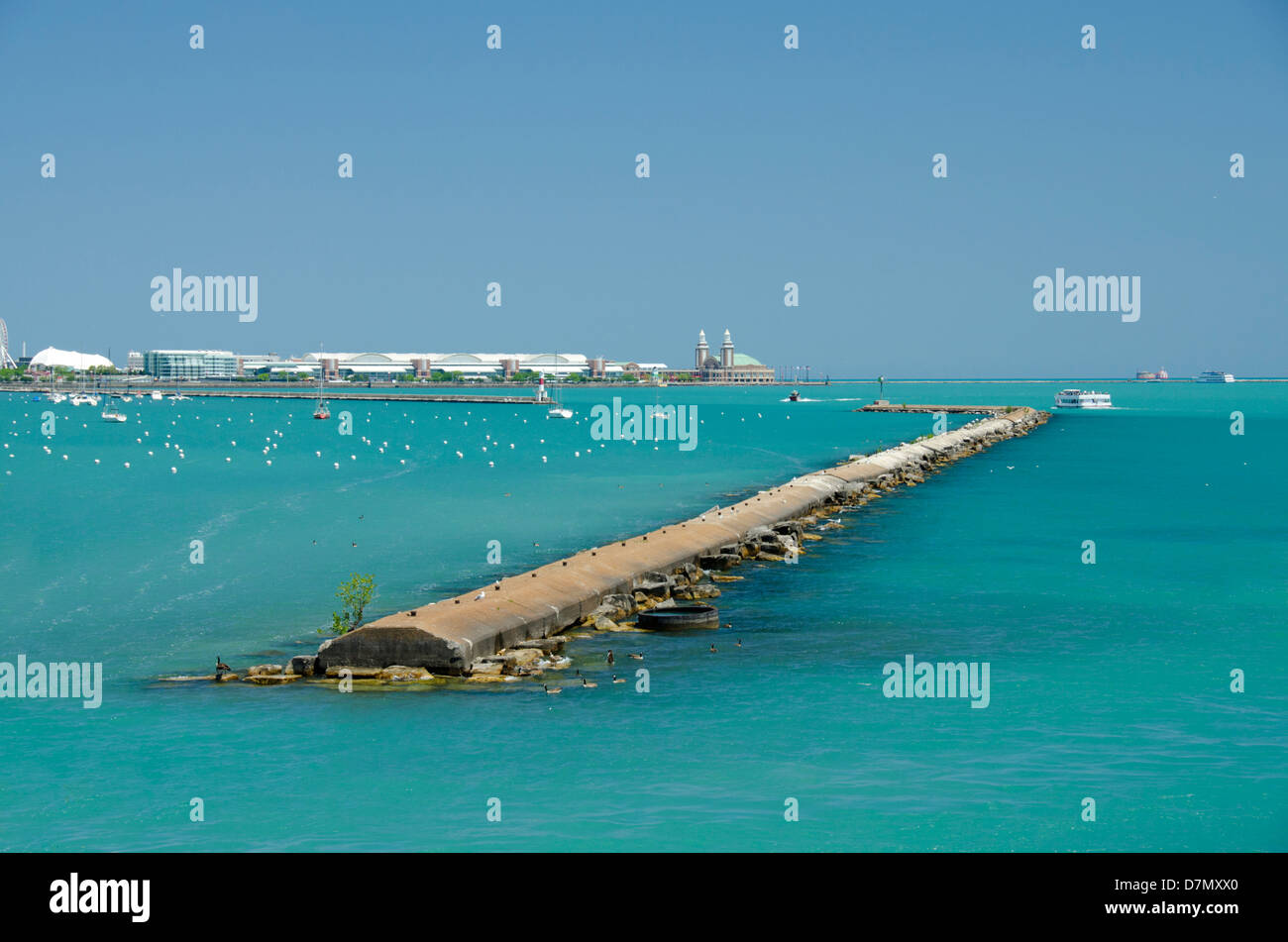 Illinois, Chicago. Lake Michigan breakwater harbor view of Navy Pier. Stock Photo