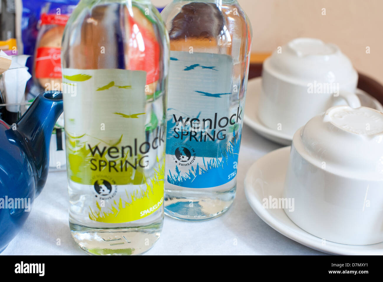 Bottles of Wenlock spring water at a Shropshire hotel Stock Photo