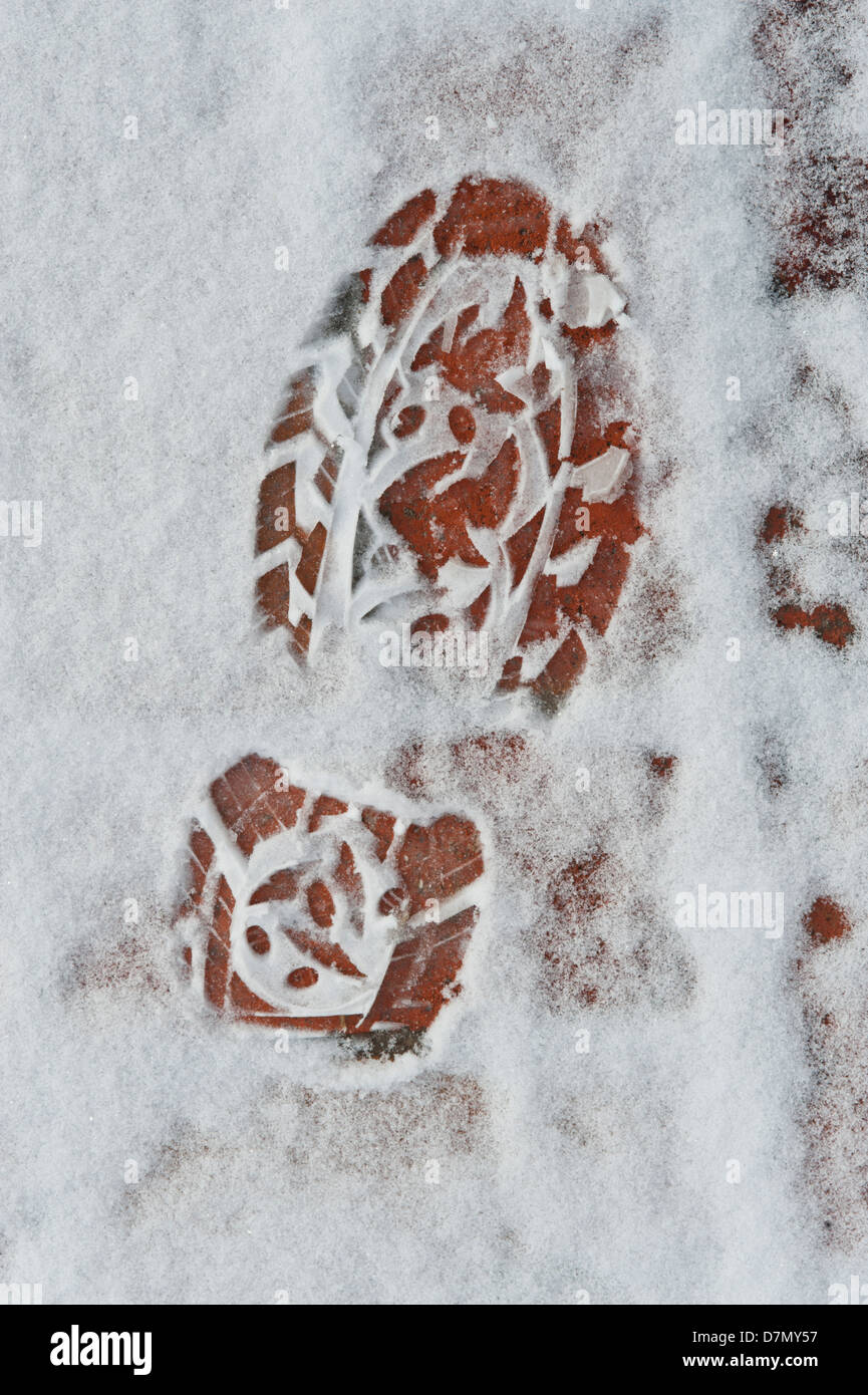 A large footprint in the snow stands out on an old brick walkway. Stock Photo