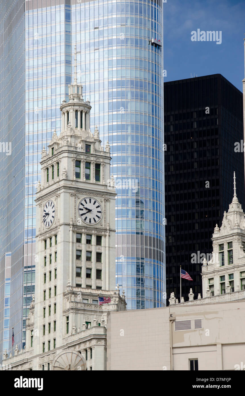 Illinois, Chicago. Historic Wrigley Building clock tower, c. 1920, located on Chicago's Magnificent Mile. Stock Photo