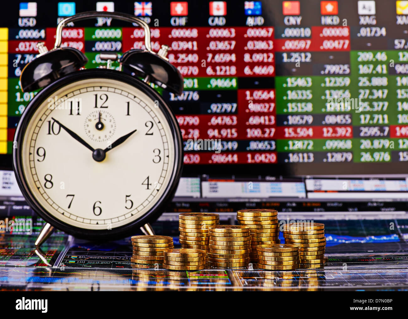 Stacks of golden coins, clock and the financial chart as background. Selective focus Stock Photo