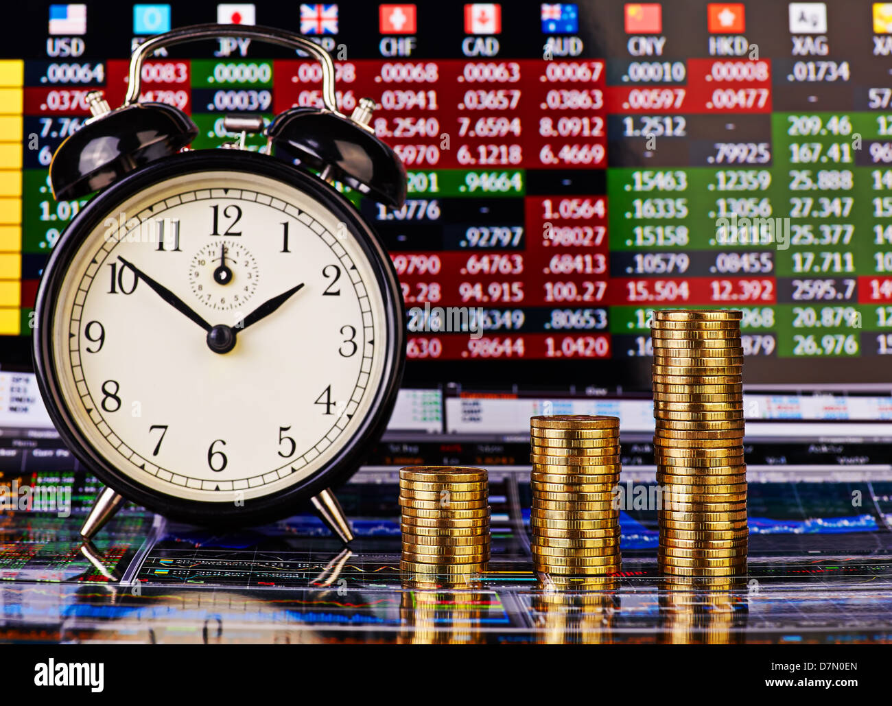 Three uptrend stacks of golden coins, clock and financial chart as background. Selective focus. Stock Photo