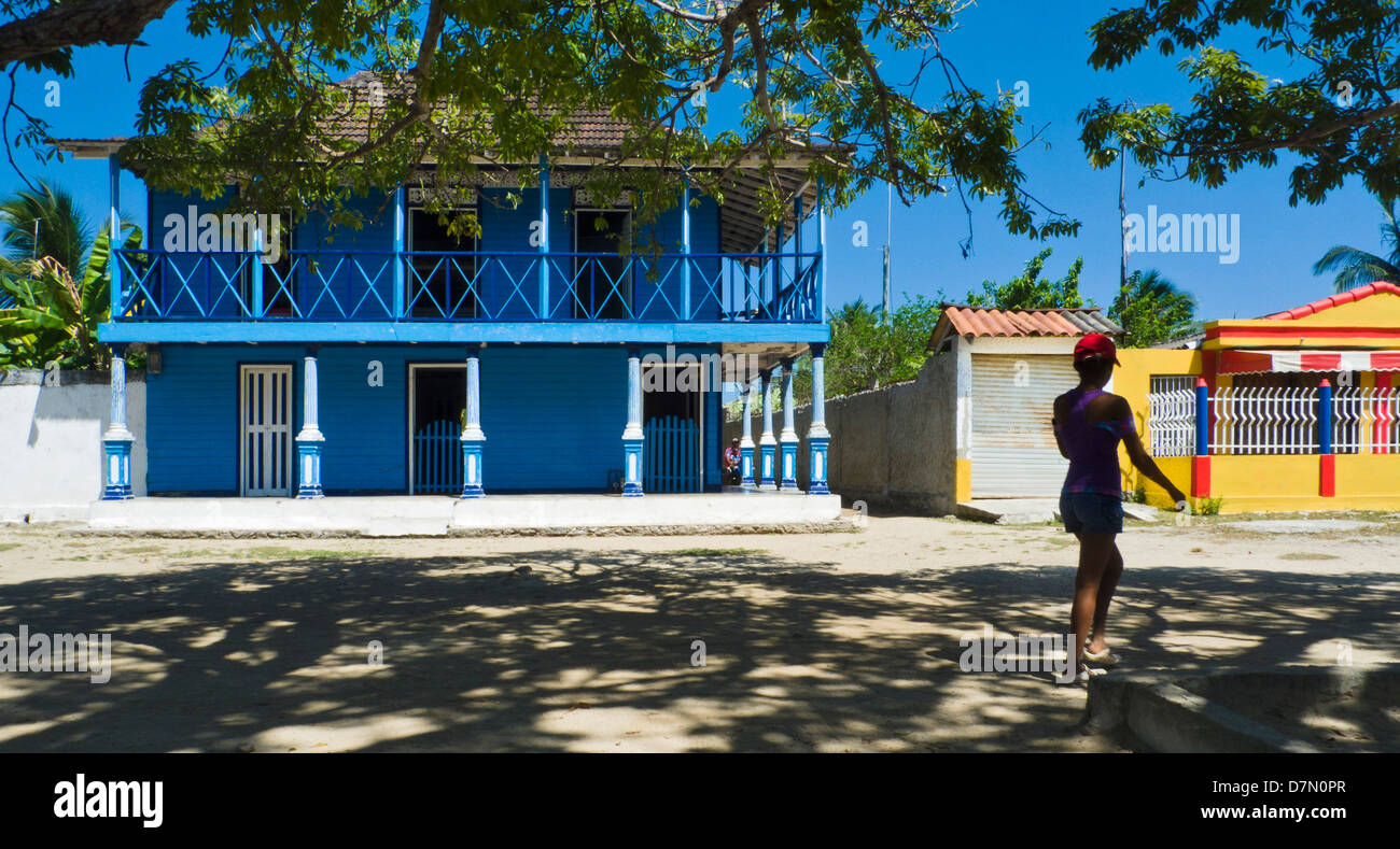 Blue house (oldest building in the town). Baru town, island of Baru, near Cartagena, Colombia Stock Photo