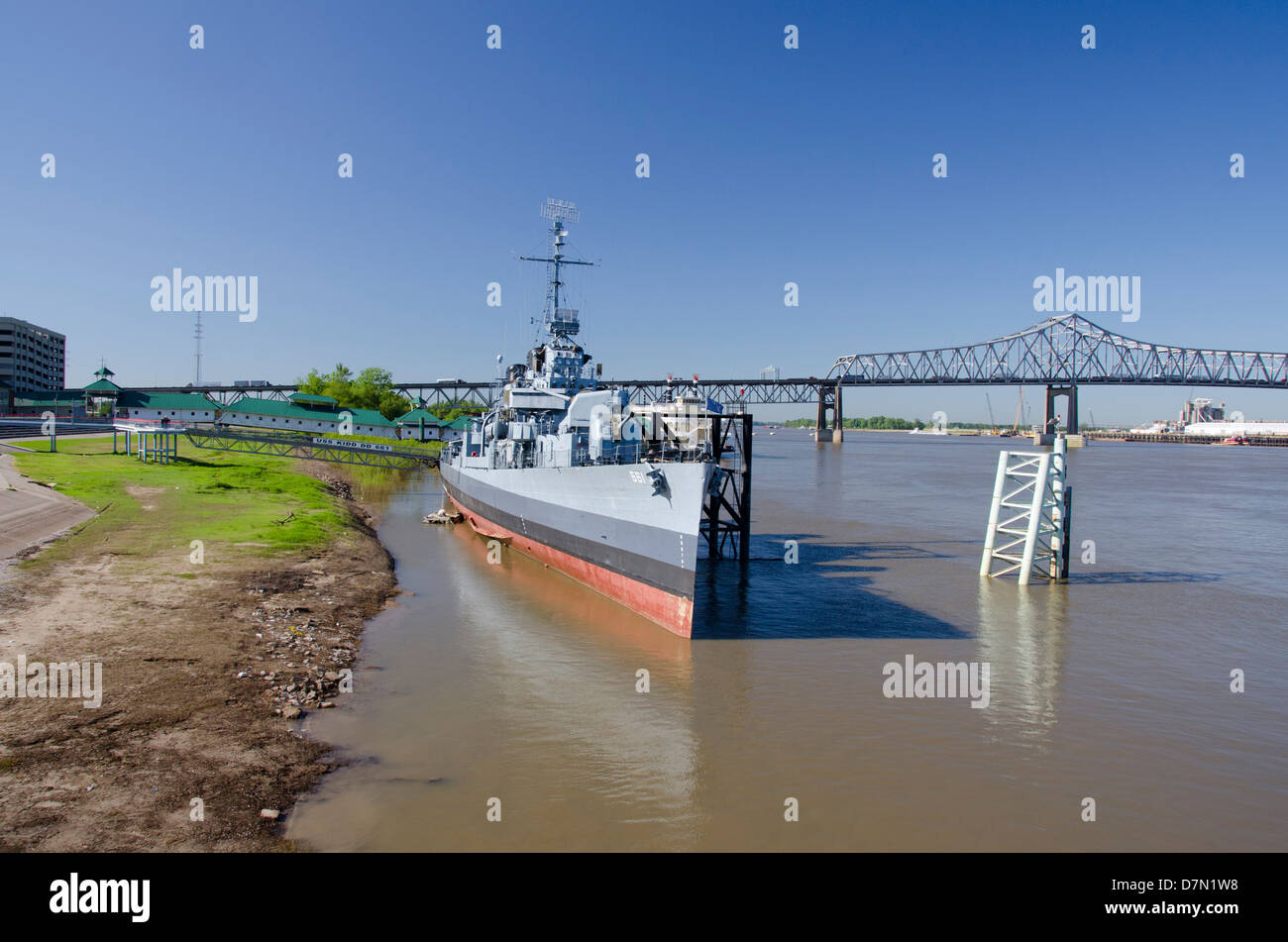 Louisiana, Baton Rouge. Mississippi River port area. USS Kidd Veterans Memorial. World War II Fletcher class destroyer. Stock Photo