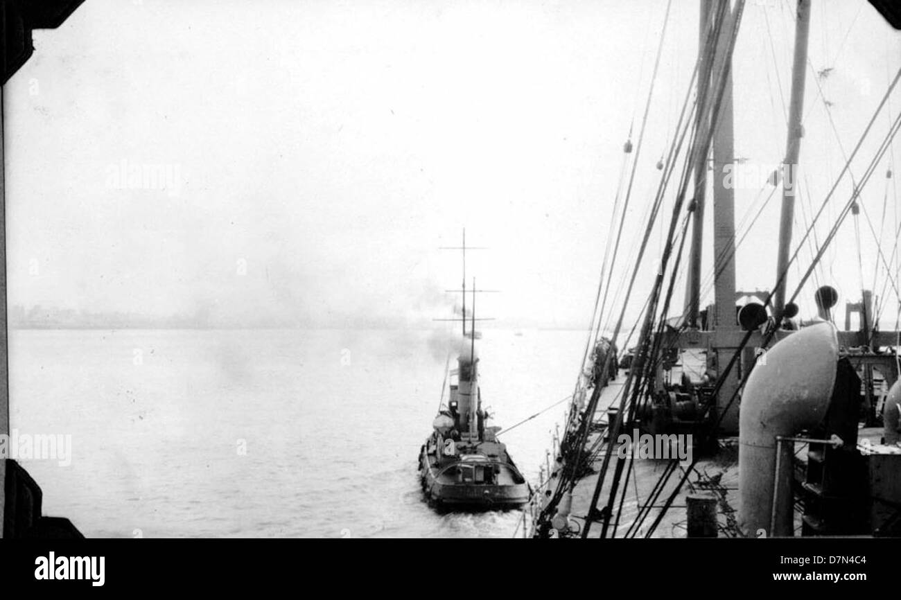This image shows the S.S. American Legion being towed up the River ...