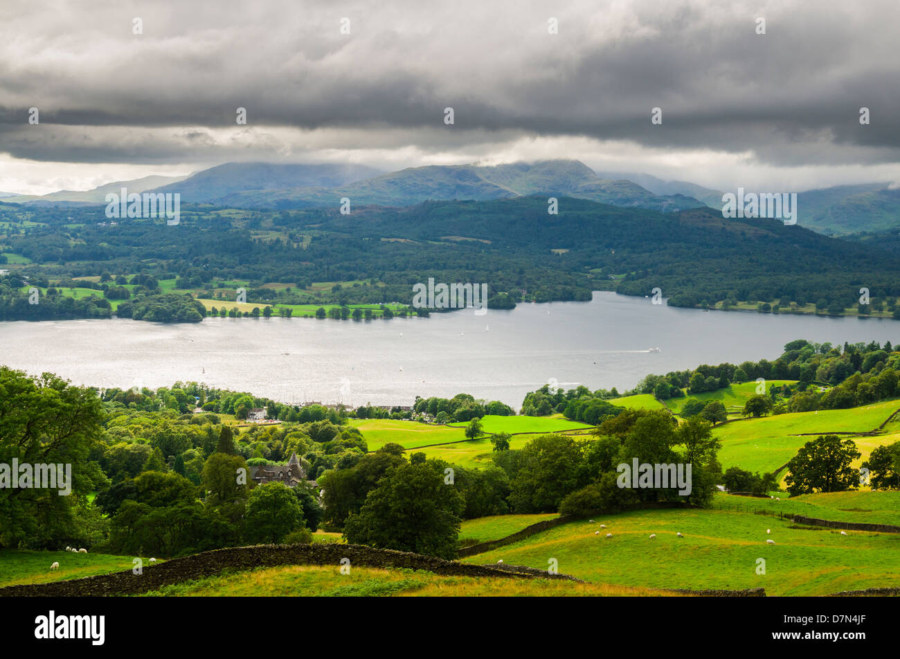 The lake of Windermere viewed from Wansfell in the Lake District, Cumbria, England. Stock Photo