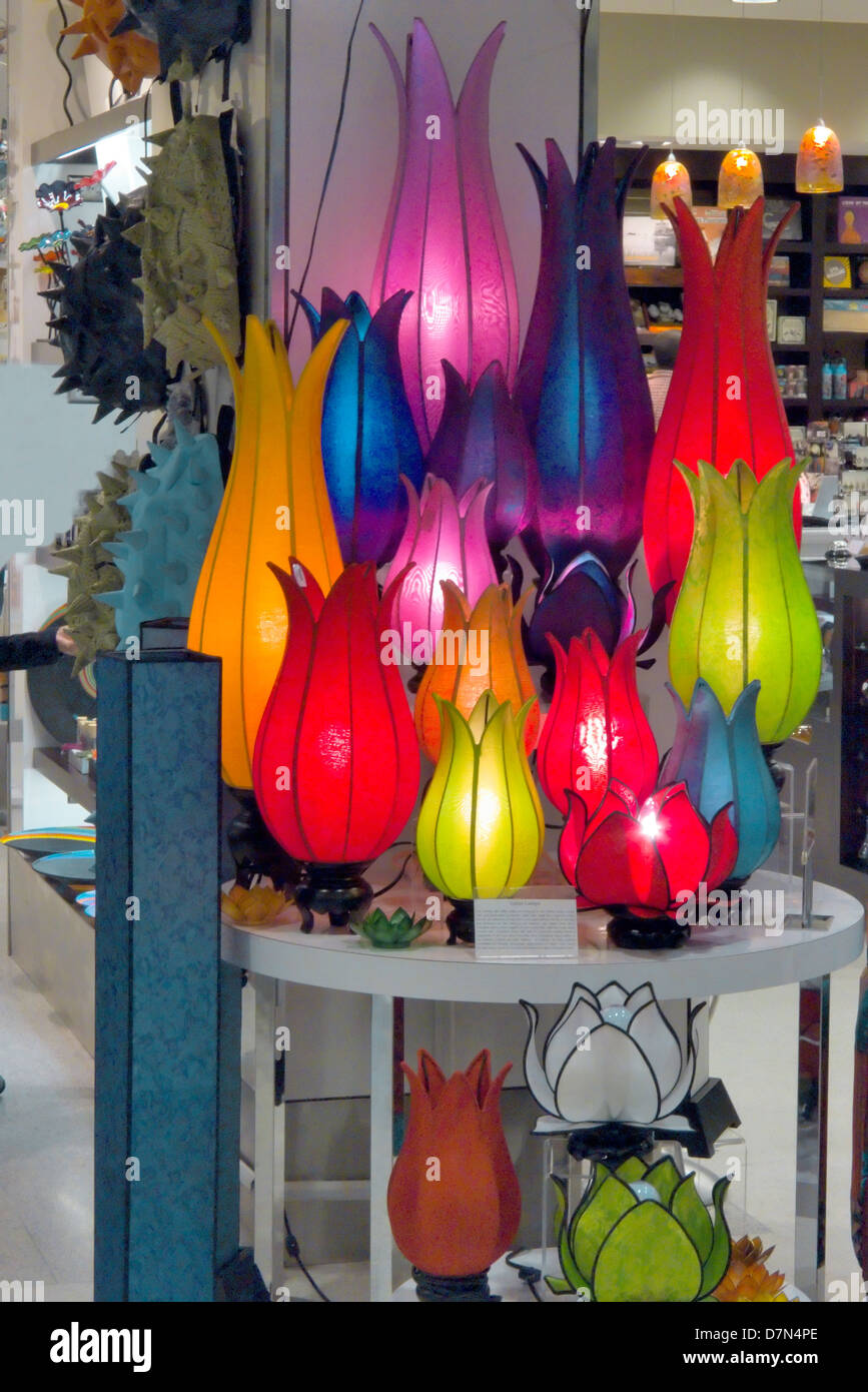 A shop display of colorful lamps. Stock Photo